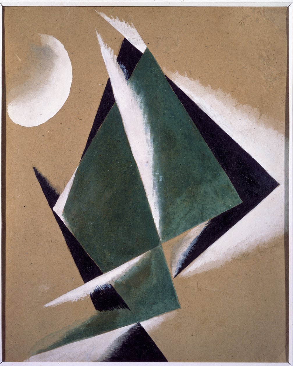 Construção com meia-lua branca. Trabalho de Lyubov (Lyubov) Sergeyevna Popova (1889-1924), guache sobre papelão de Lyubov Sergeevna Popova