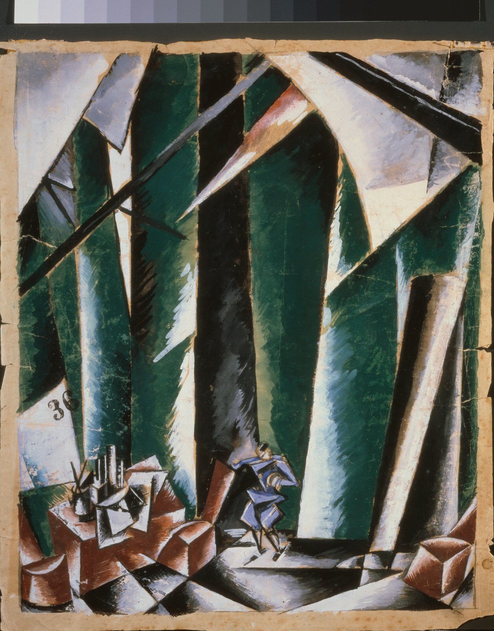Decoração preparatória para a peça ""o chanceler e o serralheiro"". Obra de Lyubov (Lioubov) Sergeyevna Popova (1889-1924), guache e tinta sobre papel de Lyubov Sergeevna Popova