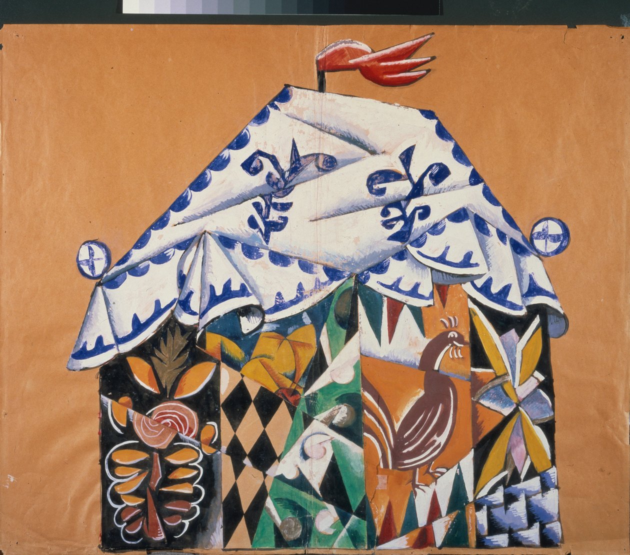 Esboço da cortina para a peça "" Do papa e seu criado Balda "", de Alexander Pushkin (1799-1837). Obra de Lyubov (Lioubov) Sergeyevna Popova (1889-1924), colagem, guache e bronze sobre papel de Lyubov Sergeevna Popova