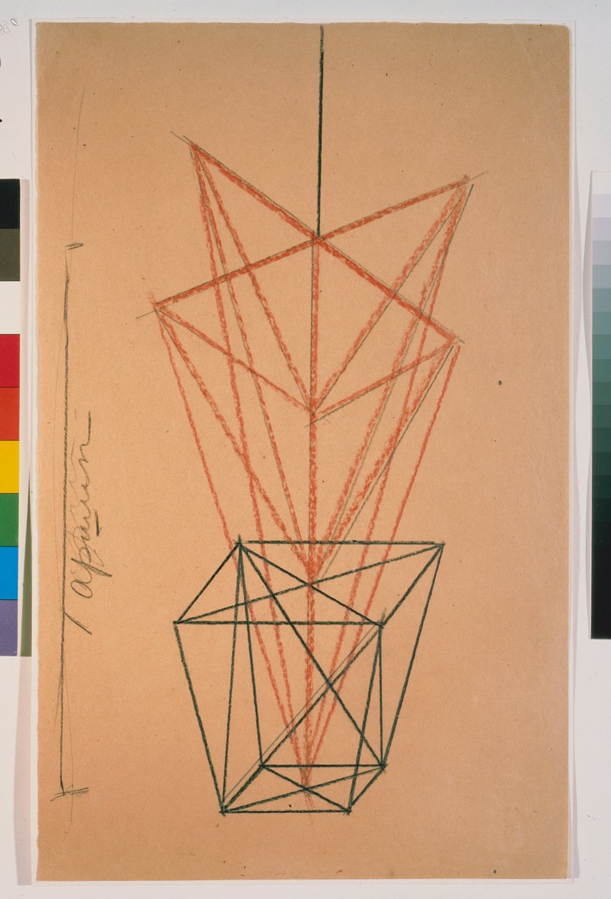 Gerânios em vaso. Esboço para a peça ""Le cocu magnificient"" de Fernand Crommelynck (1886-1970). Obra de Lyubov (Lioubov) Sergeyevna Popova (1889-1924), lápis sobre papel de Lyubov Sergeevna Popova