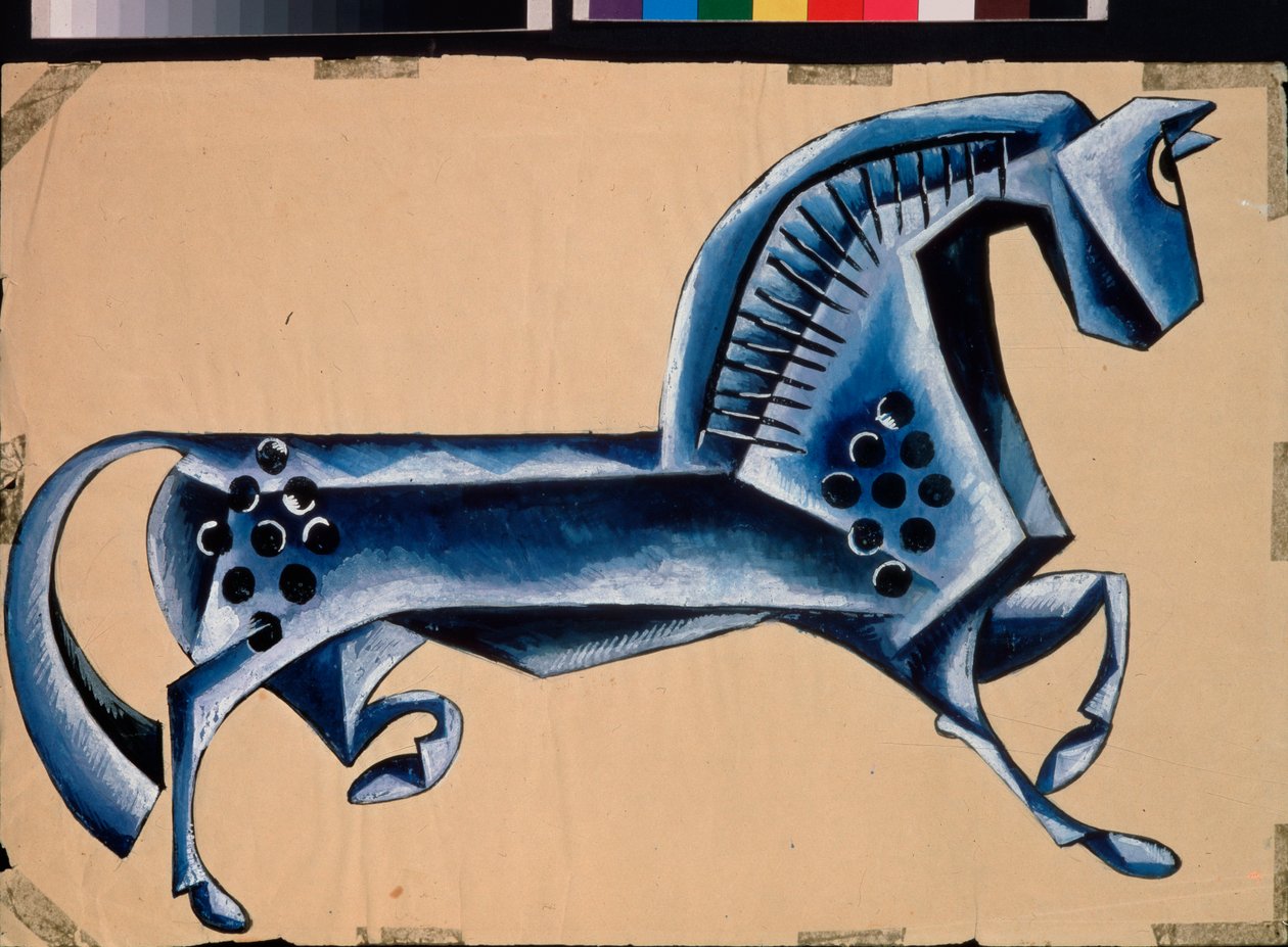 O cavalo azul. Esboço para a peça ""Du papa et de son valet Balda"", de Alexander Pushkin (1799-1837). Obra de Lyubov (Lioubov) Sergeyevna Popova (1889-1924), guache e tinta sobre papel de Lyubov Sergeevna Popova