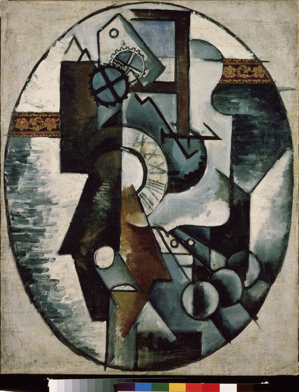 O relógio. Pintura por Lyubov (Lyubov) Sergeyevna Popova (1889-1924), óleo sobre tela e colagem de Lyubov Sergeevna Popova