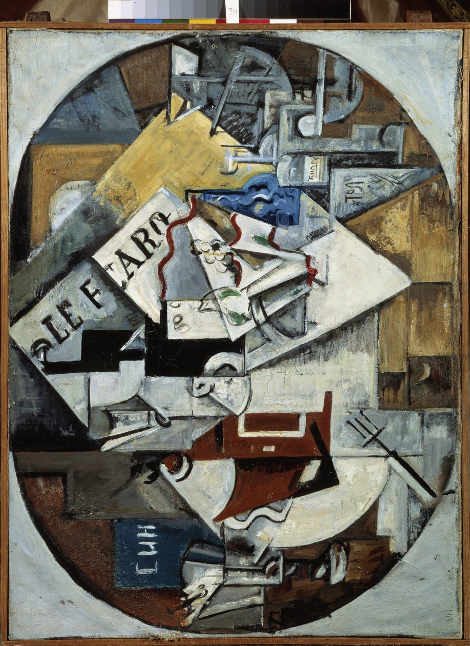 Natureza morta (Le Figaro) Pintura por Lyubov (Lyubov) Sergeyevna Popova (1889-1924), óleo sobre tela de Lyubov Sergeevna Popova