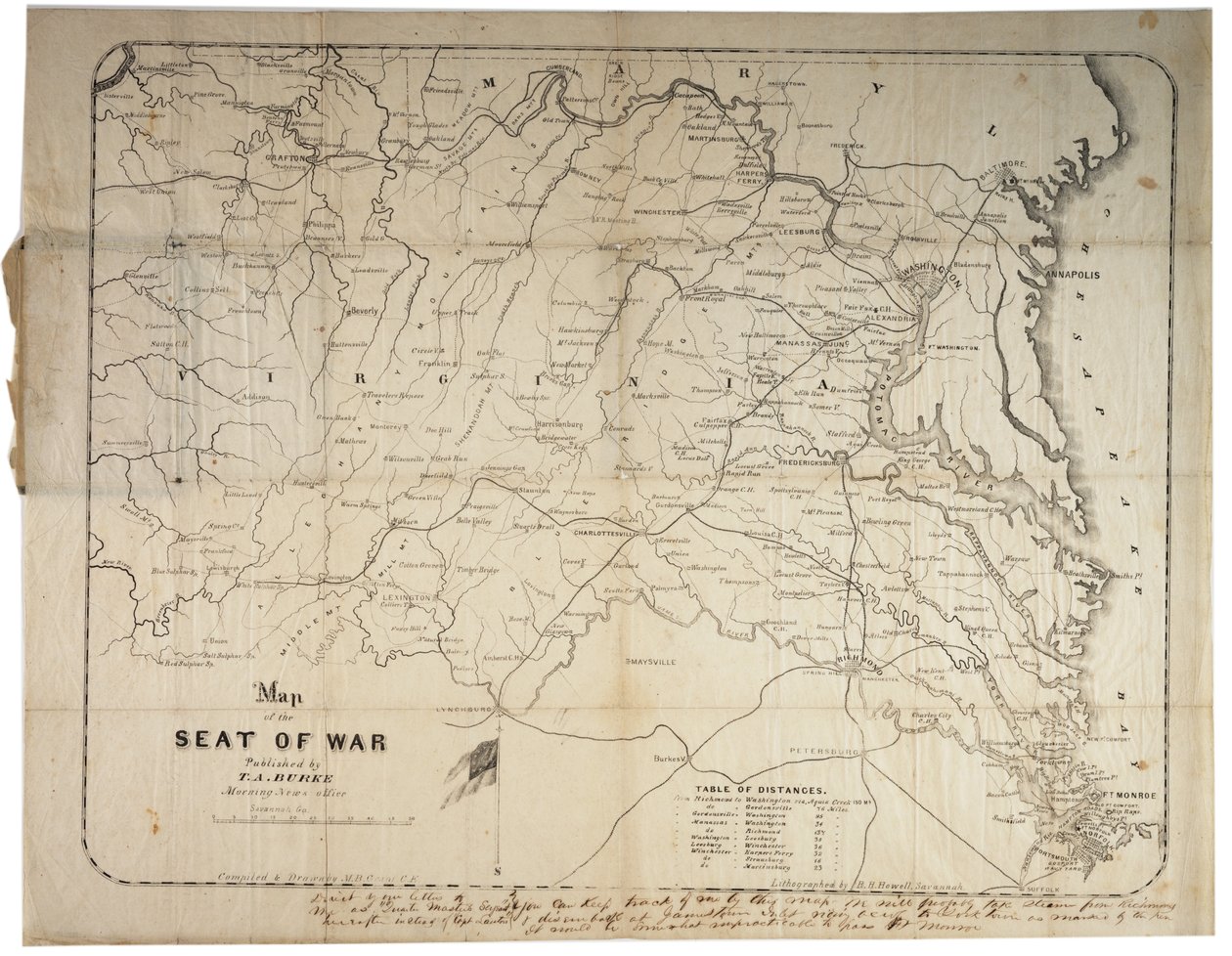 Mapa do Assento da Guerra, feito em Savannah, Geórgia, 1861 de M. B. Grant