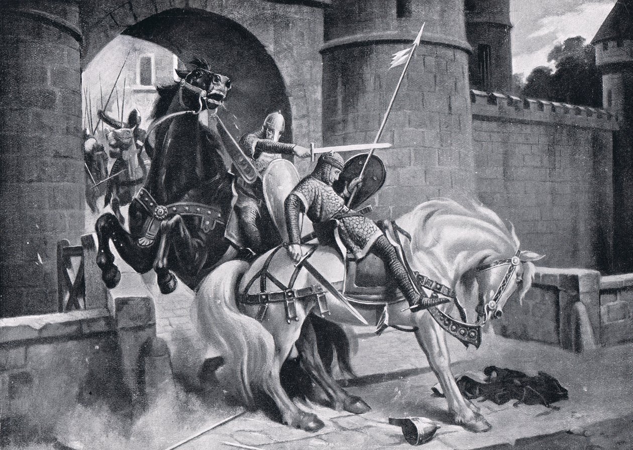 O combate entre William e Robert em Gerberoy AD1079, década de 1920 de M. Mackinlay