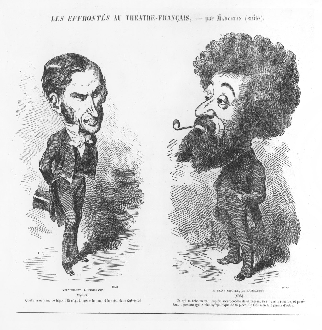 Caricaturas de Vernouillet, o intrigante, e o bravo Giboyer, o jornalista, de "Les Efrontes au Theatre Francais" de M. Marcelin
