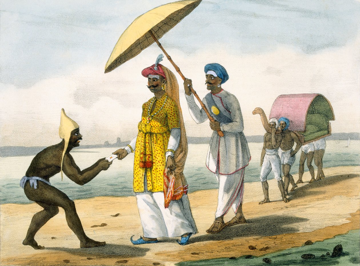 Paleagar entregando uma carta aos grandes em uma praia, 1827-35 de M.E. Burnouf