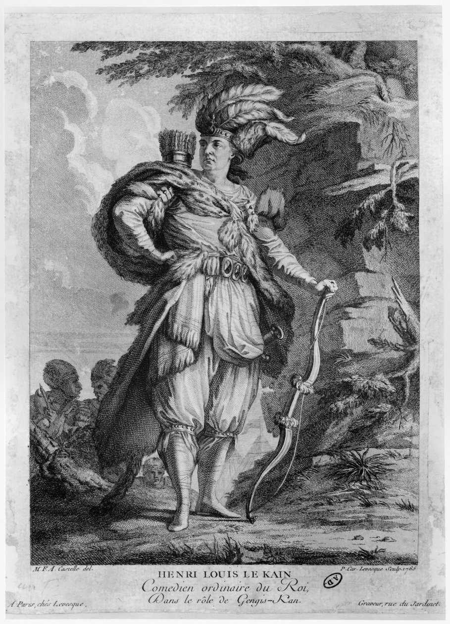 O ator Lekain como Genghis Khan, em "O Órfão da China" de Voltaire (1694-1778) 1765 de M.F.A. Castelle