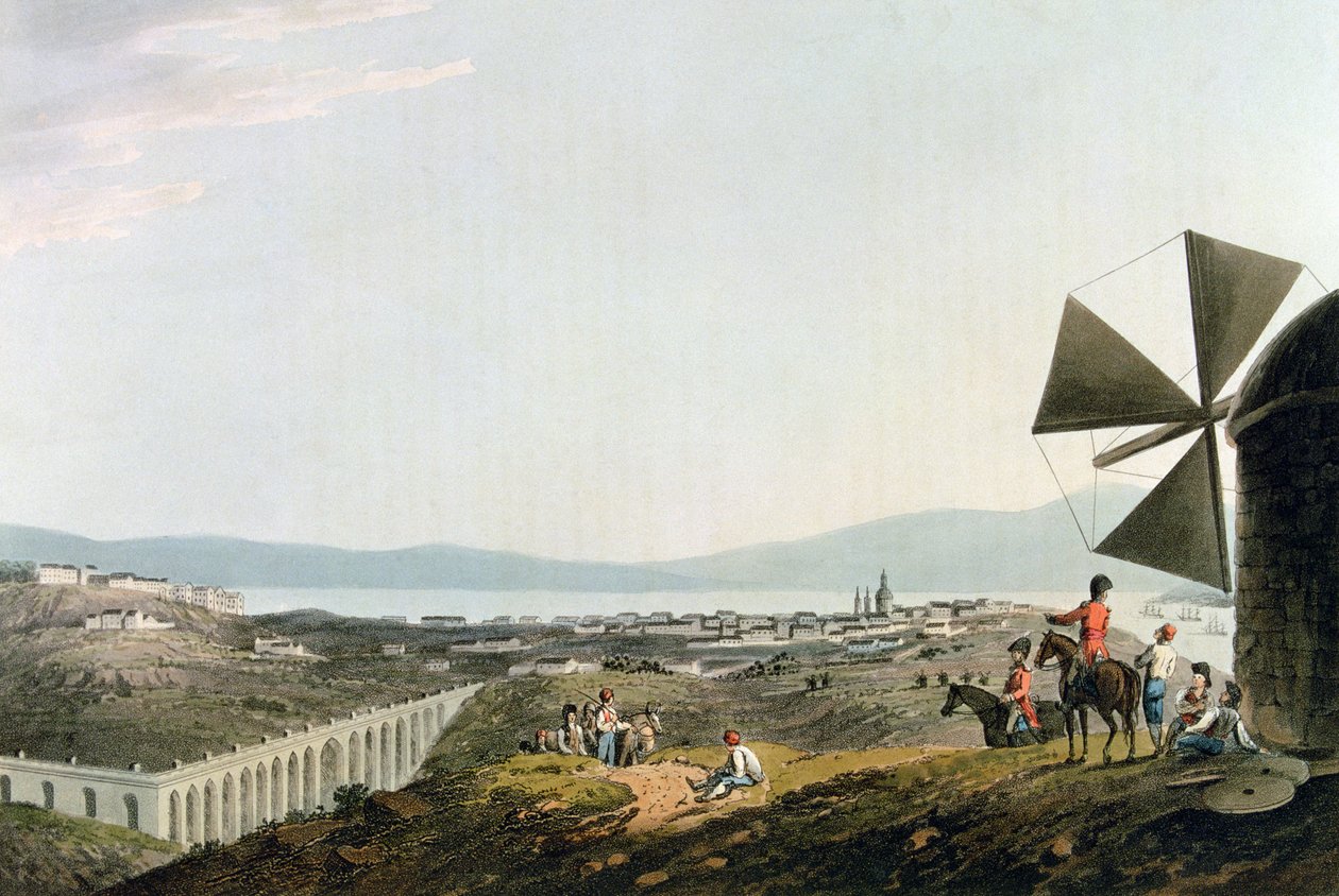 Lisboa e o Aqueduto de Alcântara, gravado por I. Clark de M. (after) Bradford