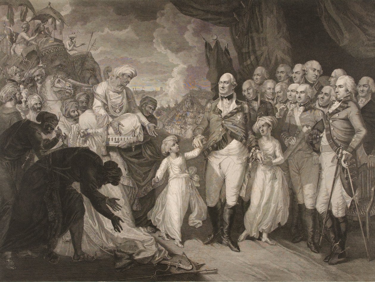 O Marquês Cornwallis a receber os príncipes reféns, filhos do Sultão Tippoo de M. (after) Brown
