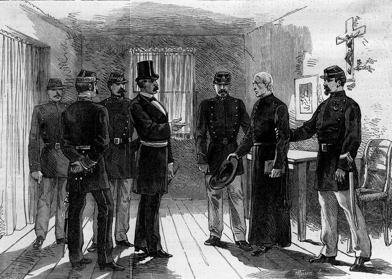 Deportação dos jesuítas da Rue de Sevres em Paris, na sequência dos decretos de Março de 1880, emitidos por Jules Ferry, e da supressão do direito de ensinar membros de congregações religiosas não autorizadas: um padre jesuíta é detido na sua cela. 30 de j de M. (after) Ferdinandus