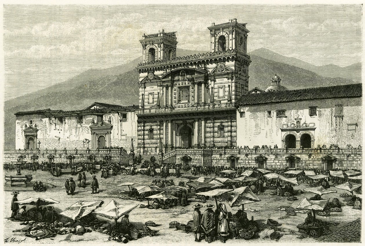A Catedral de Quito (capital do Equador actual) e o entretenimento popular na sua praça. Gravura de Clerget e Ferdinandus, para ilustrar a história "Equinoxiale America". de M. (after) Ferdinandus