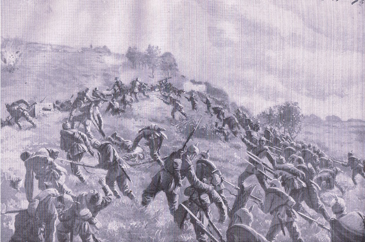 A retomada de Szawle. Atacar o cume, de The Illustrated History of the World War 1914-1915 pub. pela Union Berlagsefellfchaft de M. Barascudts
