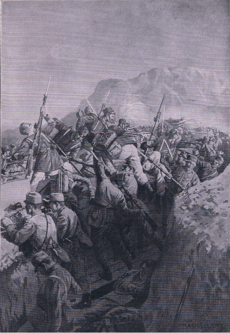 Ataque sem sucesso dos italianos às alturas de Doberdo, de The Illustrated History of the World War 1914-1915 pub. pela Union Berlagsefellfchaft de M. Barascudts