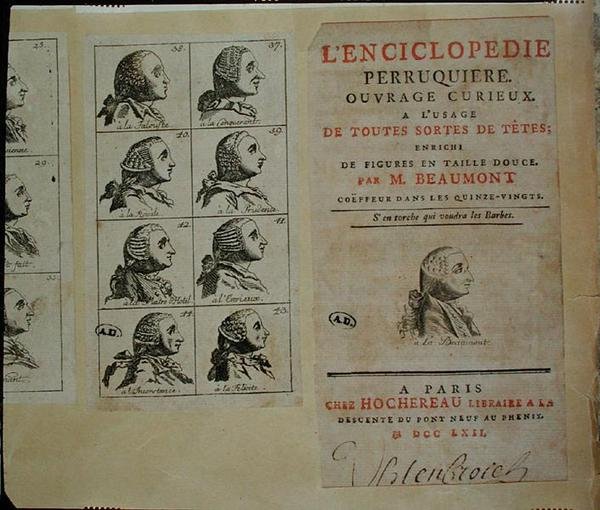 Enciclopédia dos Perfuradores de Perucas, publicada em Paris de M. Beaumont