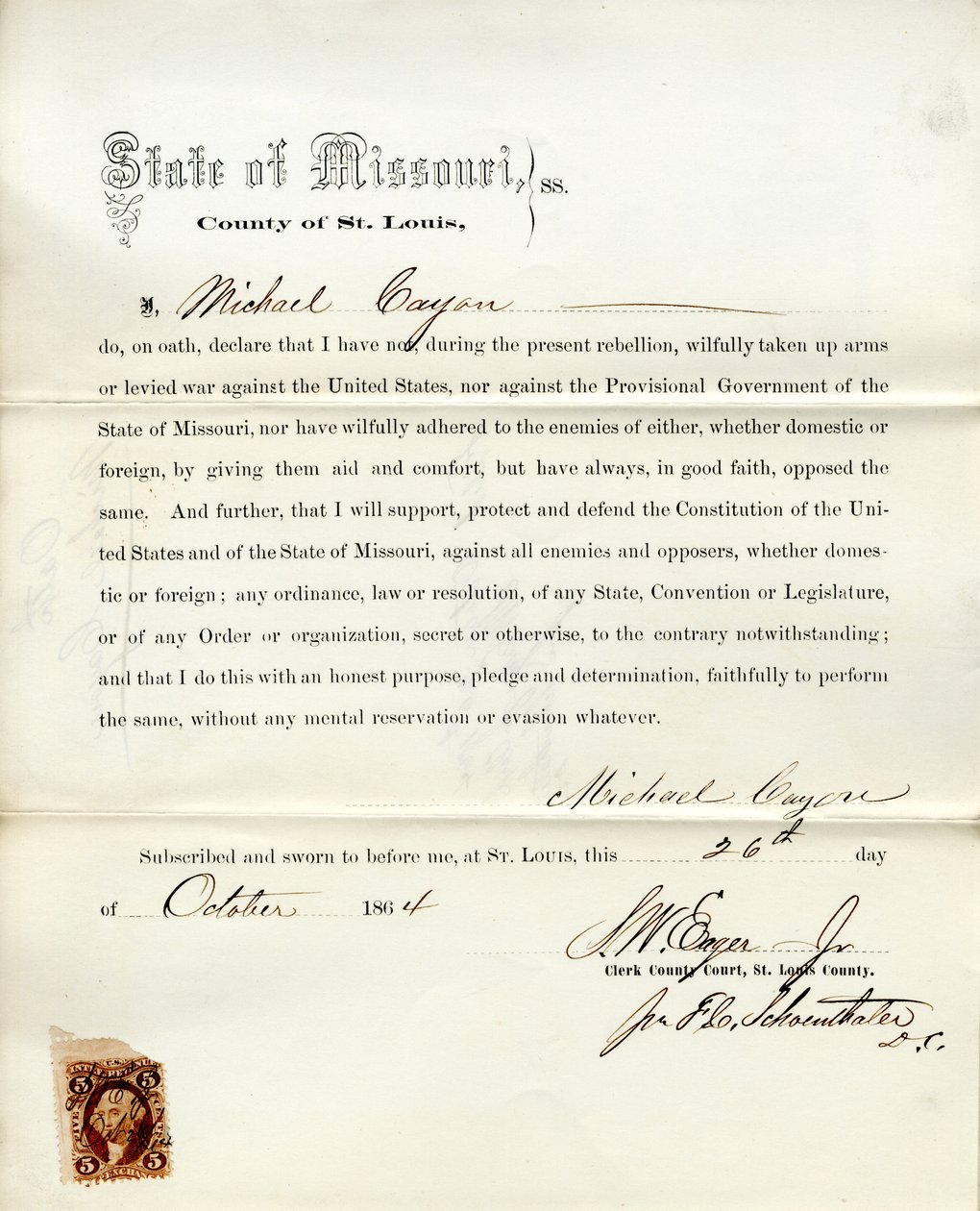 Juramento de lealdade de Michael Cayon do Missouri, Condado de St. Louis de M. Cayon