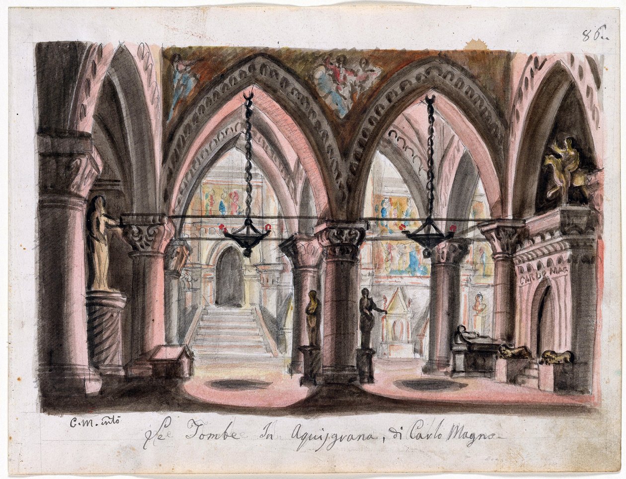 Le tombeau de Charlemagne a Aix-la-Chapelle - Cenografia para a Ópera Ernani de Giuseppe Verdi - M. Conti (1810-1886). Aguarela sobre papel Dimensão : 22x29 cm A Biblioteca e Museu Morgan, Nova Iorque de M. Conti