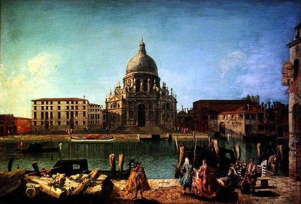 S. Maria della Salute do Rio de San Moise, Veneza, com gondóliers e gondoliers em primeiro plano de M. and Guardi G.A. Marieschi