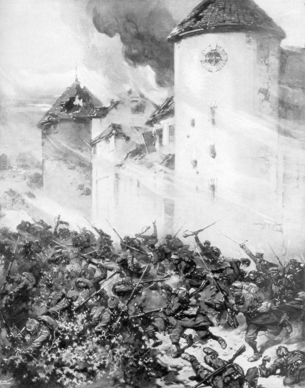 Franceses e alemães batalham sob os muros do Chateau de Mondement, França, 1914. de M. H. W. Koekkok