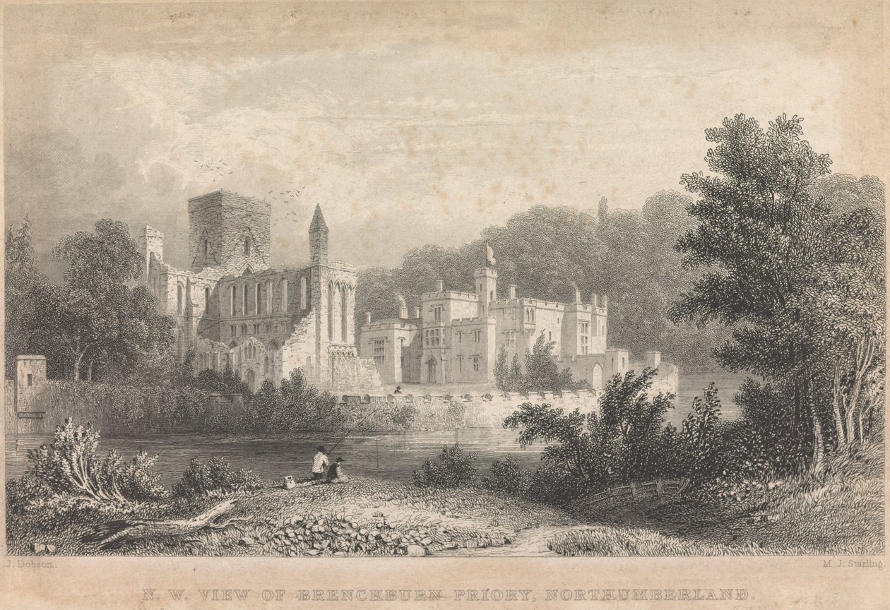 Vista Noroeste do Priorado de Brenckburn, Northunberland; página 44 (Volume Um) de M. J. Starling