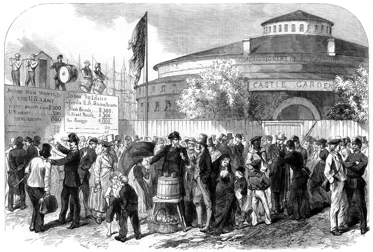 Alistando emigrantes irlandeses e alemães na Battery, Nova York, EUA, 1864. de M. Jackson
