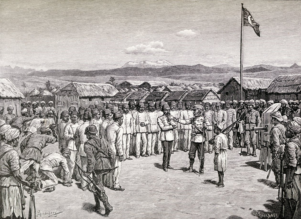 Sir Henry Morton Stanley dirigindo-se a oficiais rebeldes em Kavalli, 1890 (gravura em madeira) de M. Schonberg