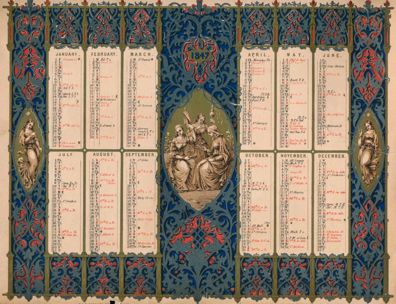 Calendário com dias de santos e aniversários reais, 1847. de M and N Hanhart