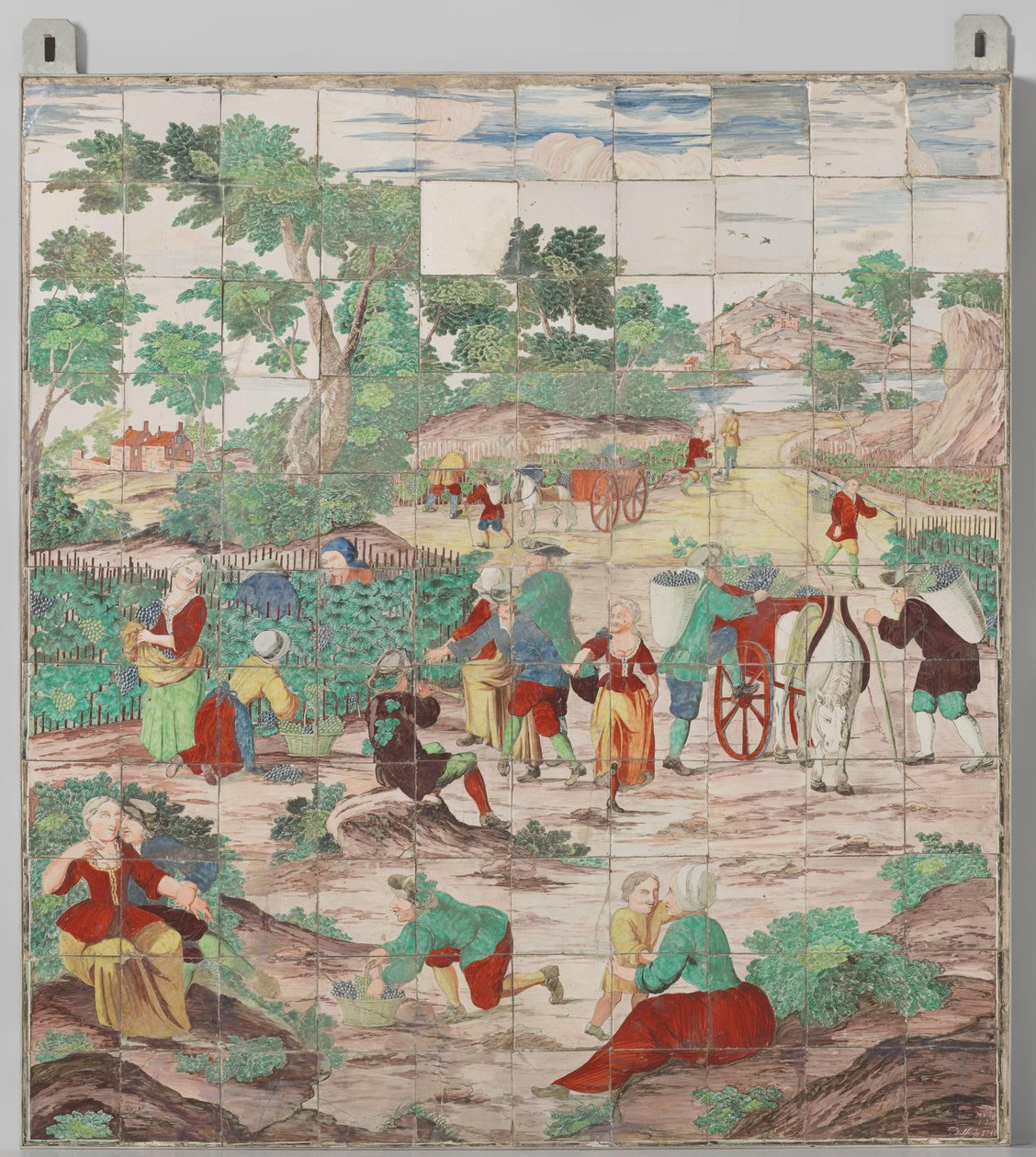 Quadro em mosaico mostrando a colheita das uvas de M. van Kuyk