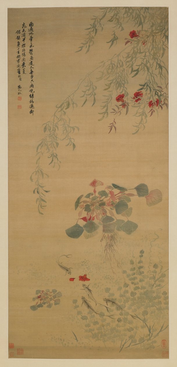 Flores caídas, peixe inquisitivo, dinastia Qing, início do século XVIII (cor de seda) de Ma Yuanyu
