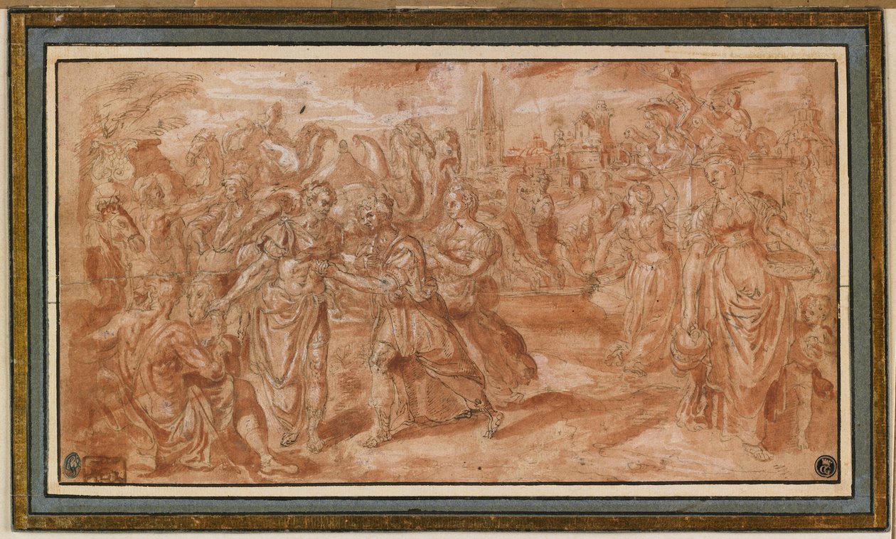 Laban e Rebecca Recebendo Eliezer, 1561-62 (caneta e tinta marrom com lavagem vermelha e branco) de Maarten de Vos