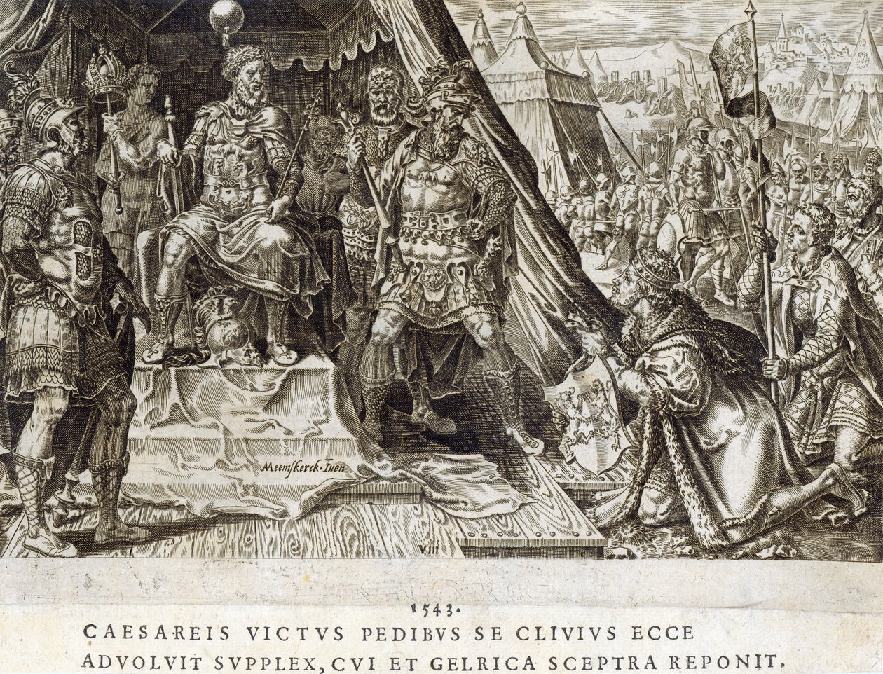 A Submissão de Guilherme II, Duque de Cleves, em 1543, placa 8 de "As Conquistas Militares do Imperador Carlos V", gravada por Dirk Volkertsz Coornhert (1522-90), 1555 (gravura e gravura) de Maarten van Heemskerck