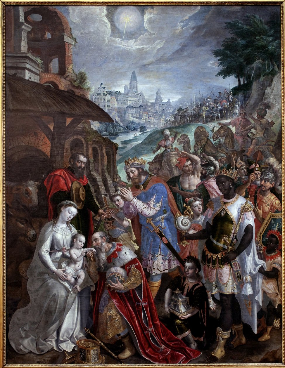 Adoração dos Magos. Acima da Sagrada Família e dos Magos, a estrela dos pastores. Pintura de Maaerten de Vos (Martin de Vos, Marten de Vos) (1532-1603), arte flamenga do século XVI. Museu de Belas Artes de Valenciennes. de Maarten de Vos