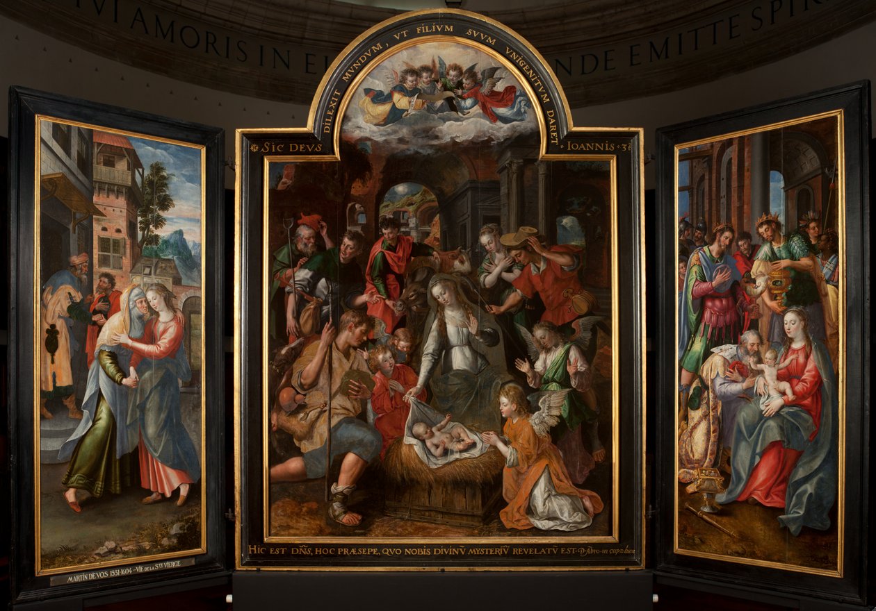 Adoração dos Magos, Tríptico, Painel central, detalhe, pintura sobre madeira de Maarten de Vos