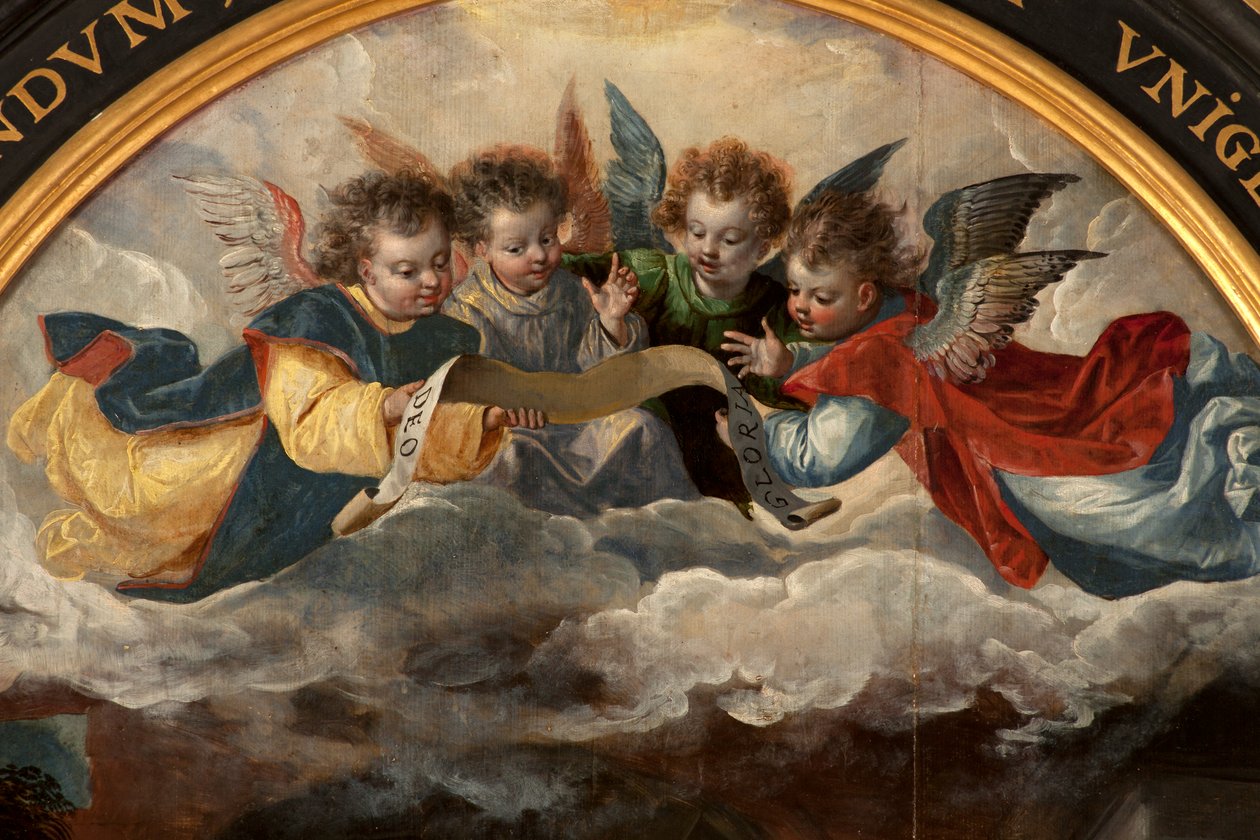 Adoração dos Magos, Tríptico, Painel central, detalhe, pintura sobre madeira de Maarten de Vos