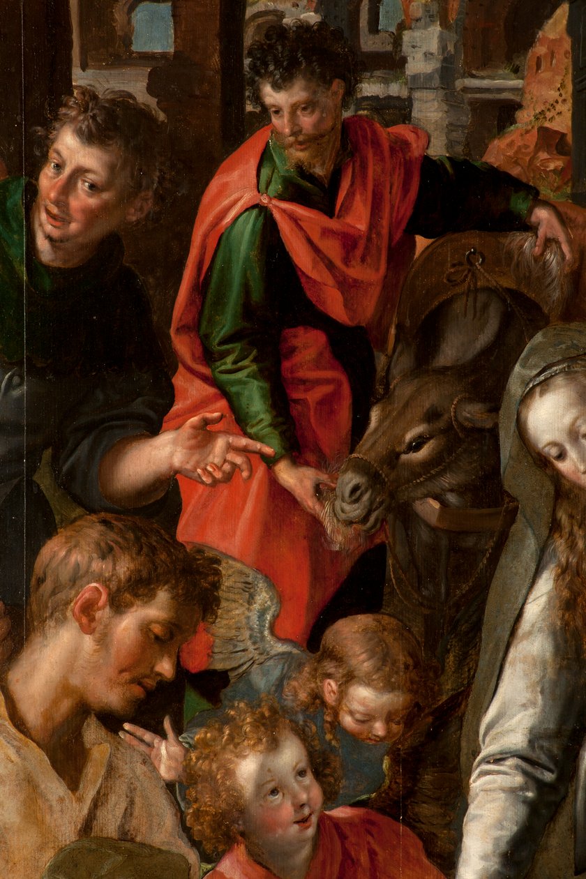 Adoração dos Magos, Tríptico, Painel central, detalhe, pintura sobre madeira de Maarten de Vos