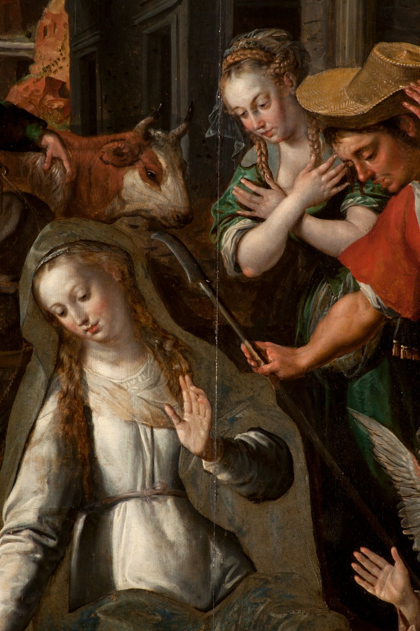 Adoração dos Magos, Tríptico, Painel central, detalhe, pintura sobre madeira de Maarten de Vos