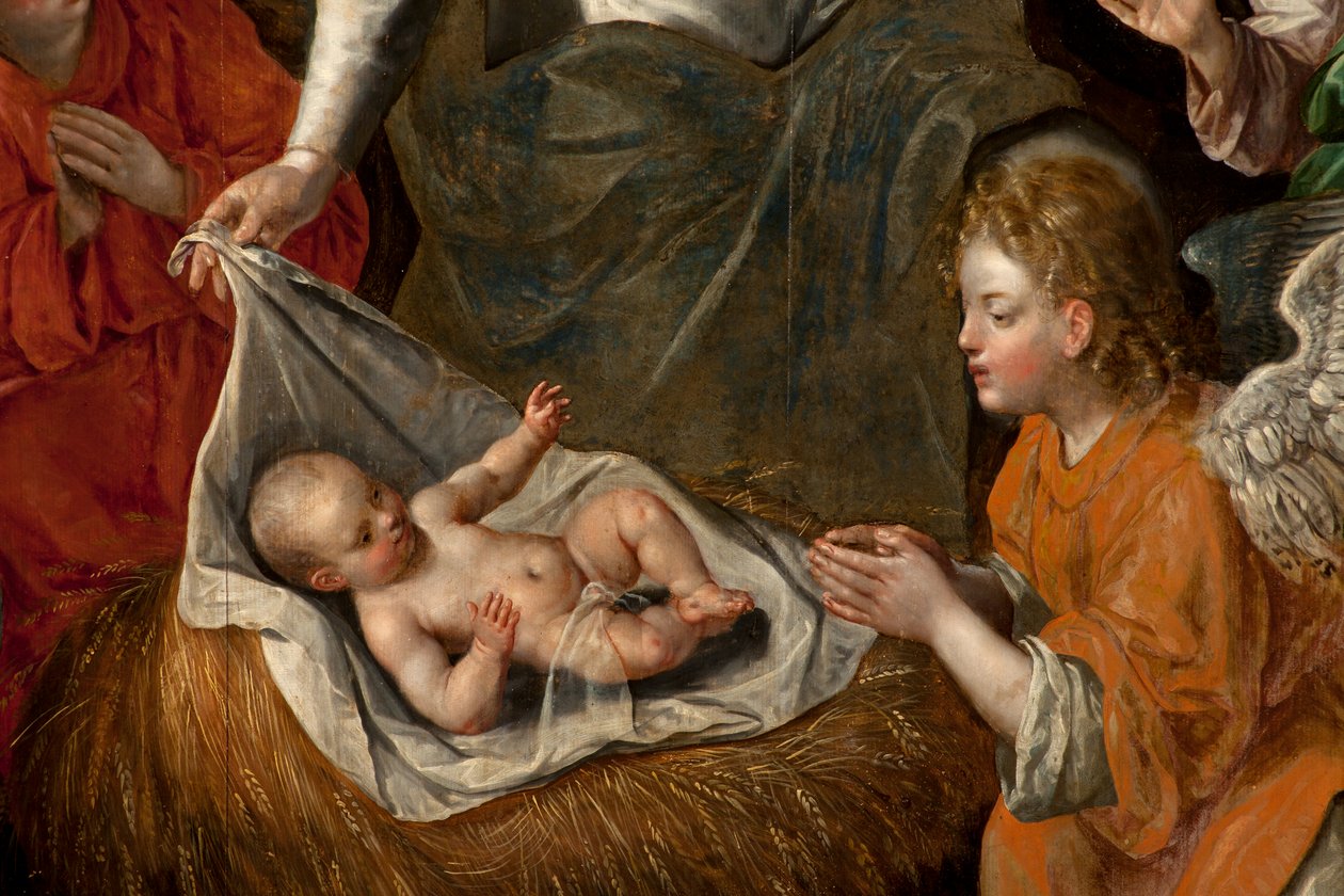 Adoração dos Magos, Tríptico, Painel central, detalhe, pintura sobre madeira de Maarten de Vos