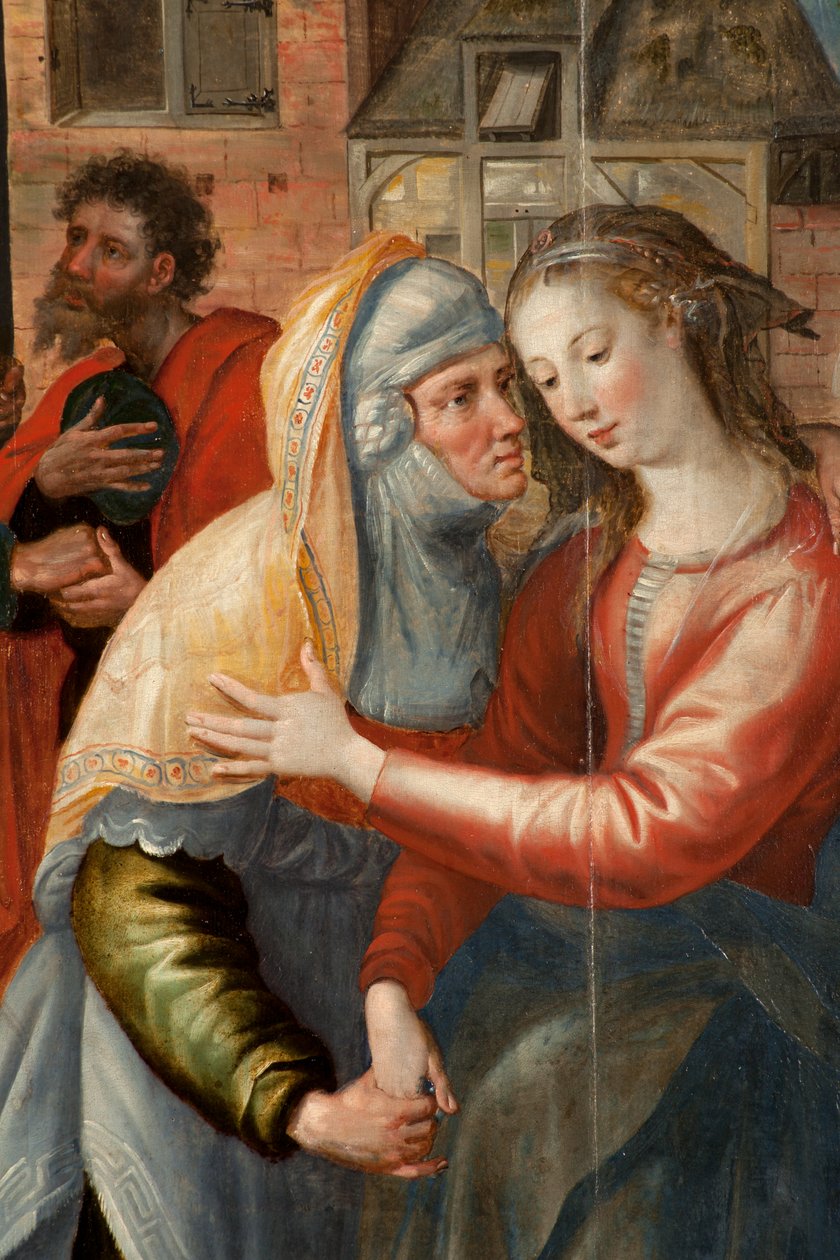 Adoração dos Magos, Tríptico, Painel esquerdo: A vida da Virgem Santa, detalhe, pintura em madeira de Maarten de Vos