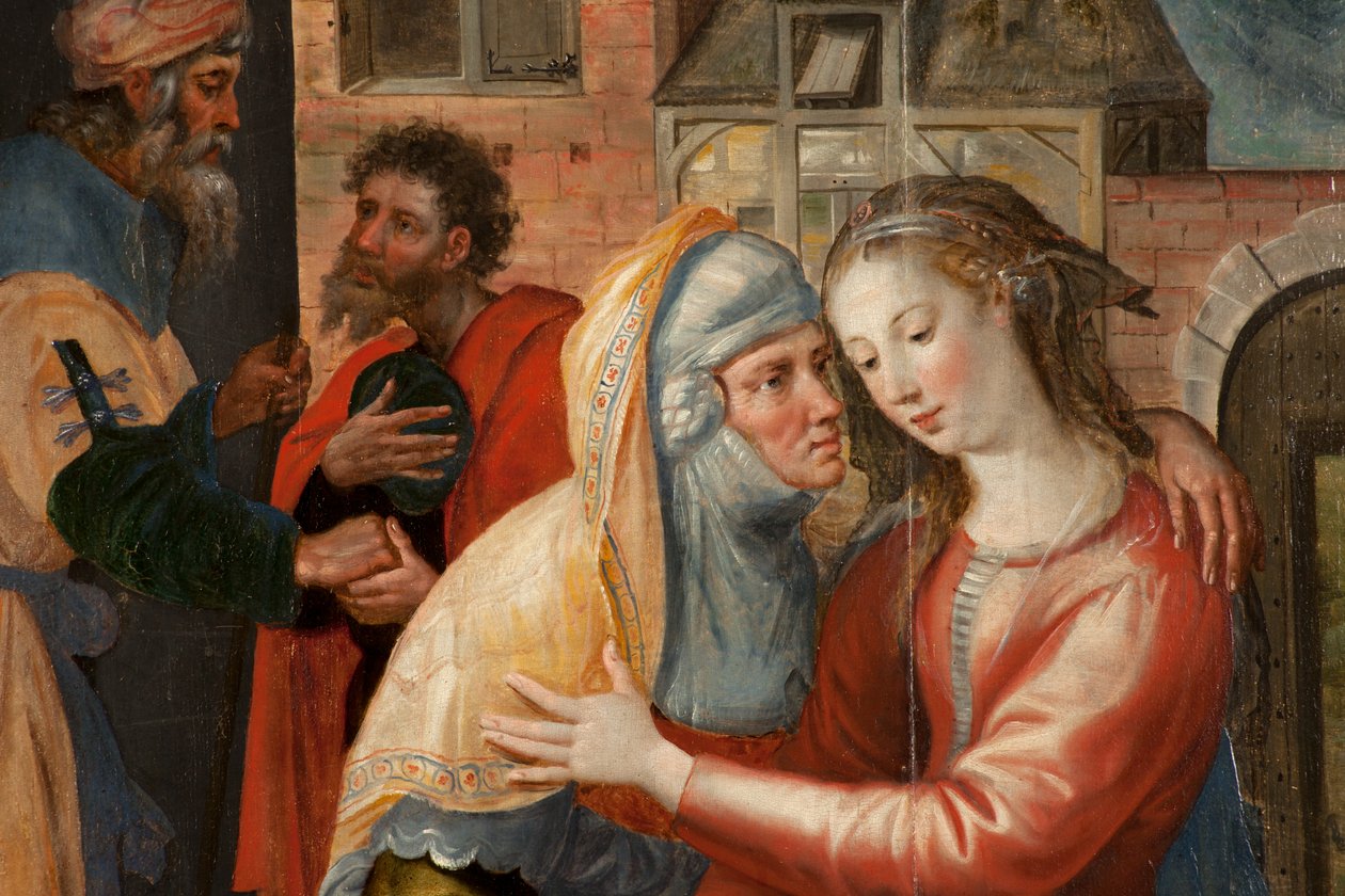 Adoração dos Magos, Tríptico, Painel esquerdo: A vida da Virgem Santa, detalhe, pintura em madeira de Maarten de Vos