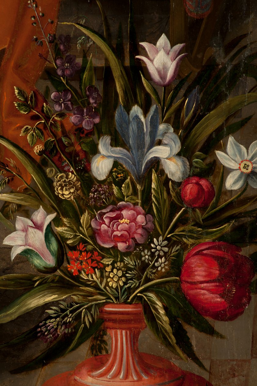 Adoração dos Reis Magos, Tríptico, Painel esquerdo, parte traseira, detalhe, pintura em madeira de Maarten de Vos