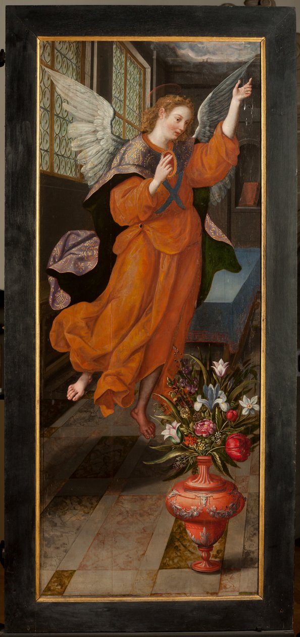 Adoração dos Reis Magos, Tríptico, Painel esquerdo, parte traseira, pintura em madeira de Maarten de Vos