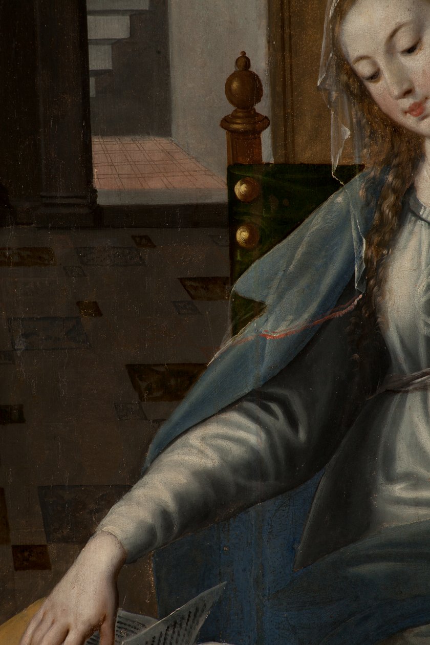 Adoração dos Reis Magos, Tríptico, Parte posterior do painel direito, detalhe, pintura em madeira de Maarten de Vos
