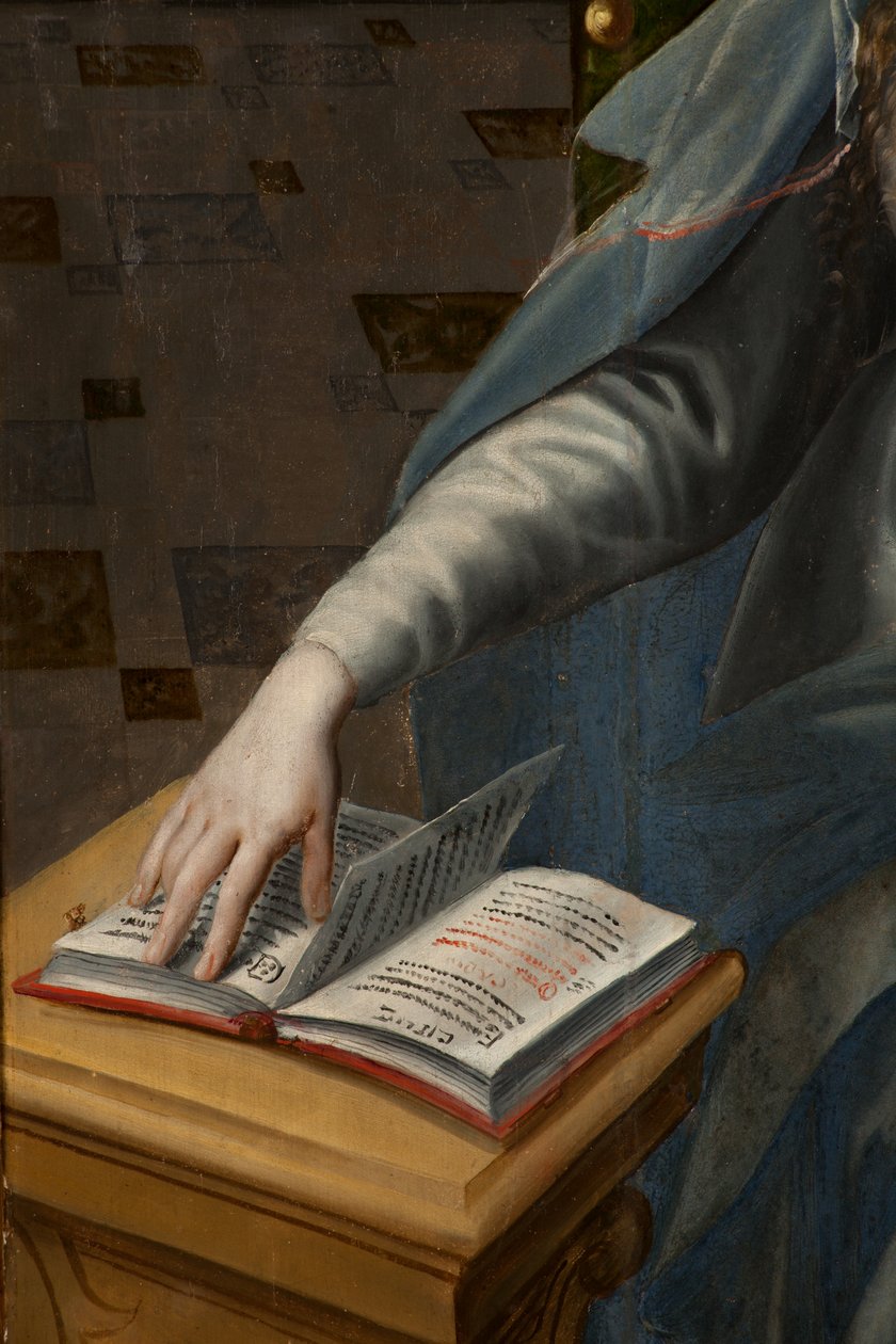 Adoração dos Reis Magos, Tríptico, Parte posterior do painel direito, detalhe, pintura em madeira de Maarten de Vos