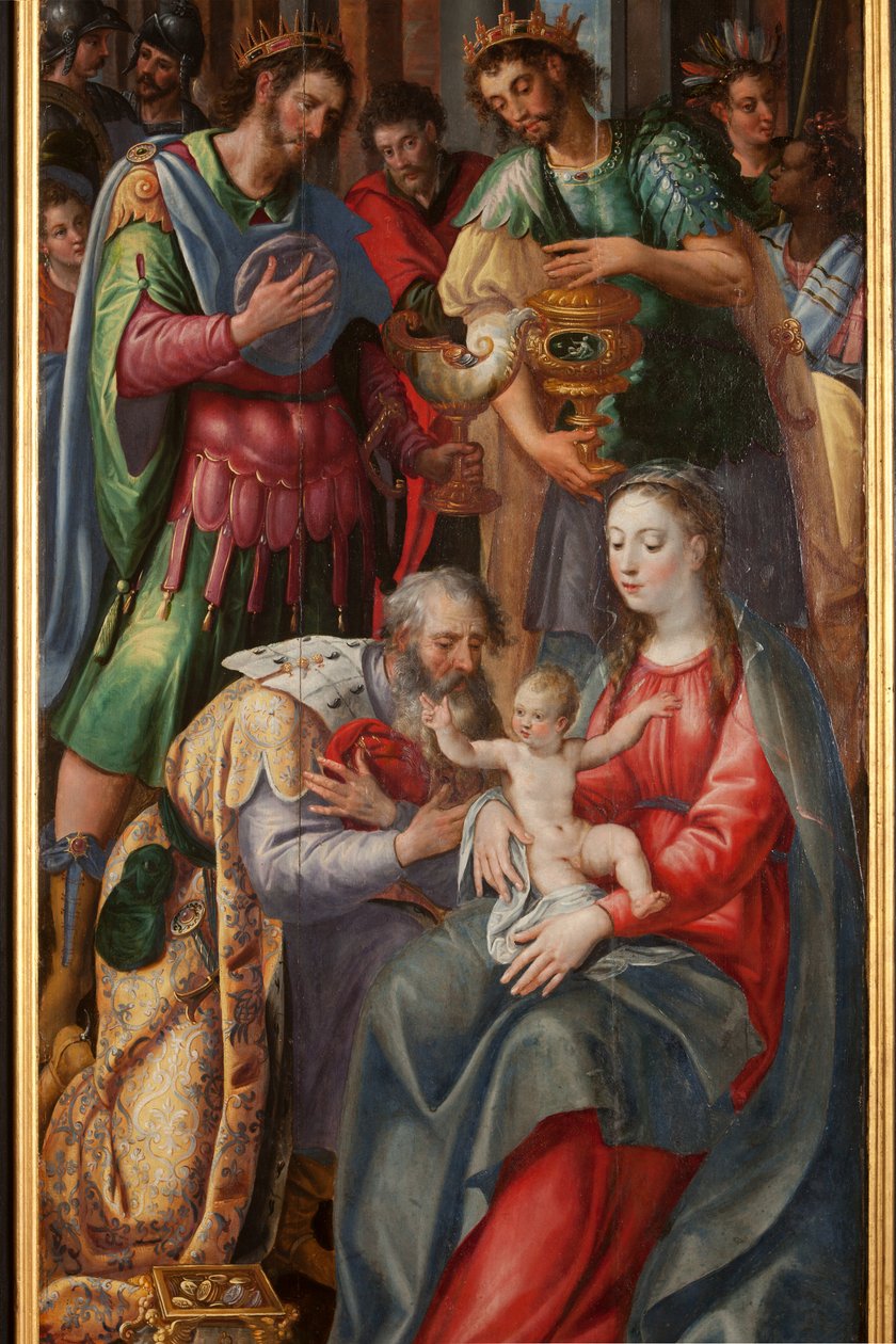 Adoração dos Reis Magos, Tríptico, Painel direito, detalhe, pintura sobre madeira de Maarten de Vos