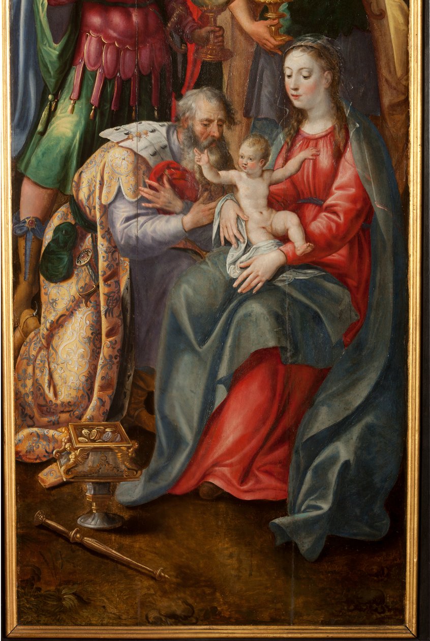 Adoração dos Reis Magos, Tríptico, Painel direito, detalhe, pintura em madeira de Maarten de Vos