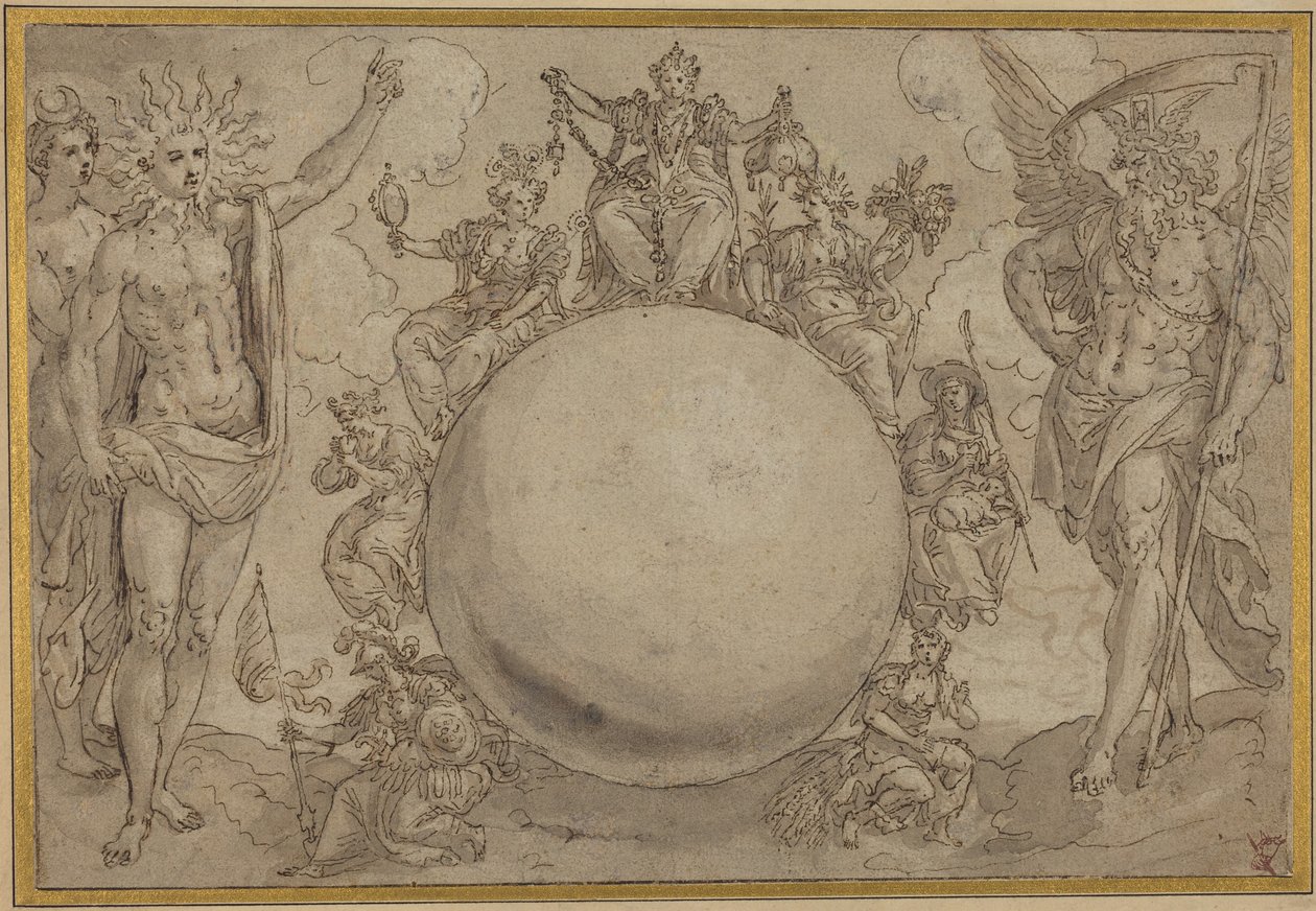 Apolo, Diana e o Tempo com as Vicissitudes Cíclicas da Vida Humana, c.1561 (caneta e tinta castanha com lavagem a cinzento sobre vestígios de grafite, incisa para transferência sobre papel vegetal) de Maarten de Vos