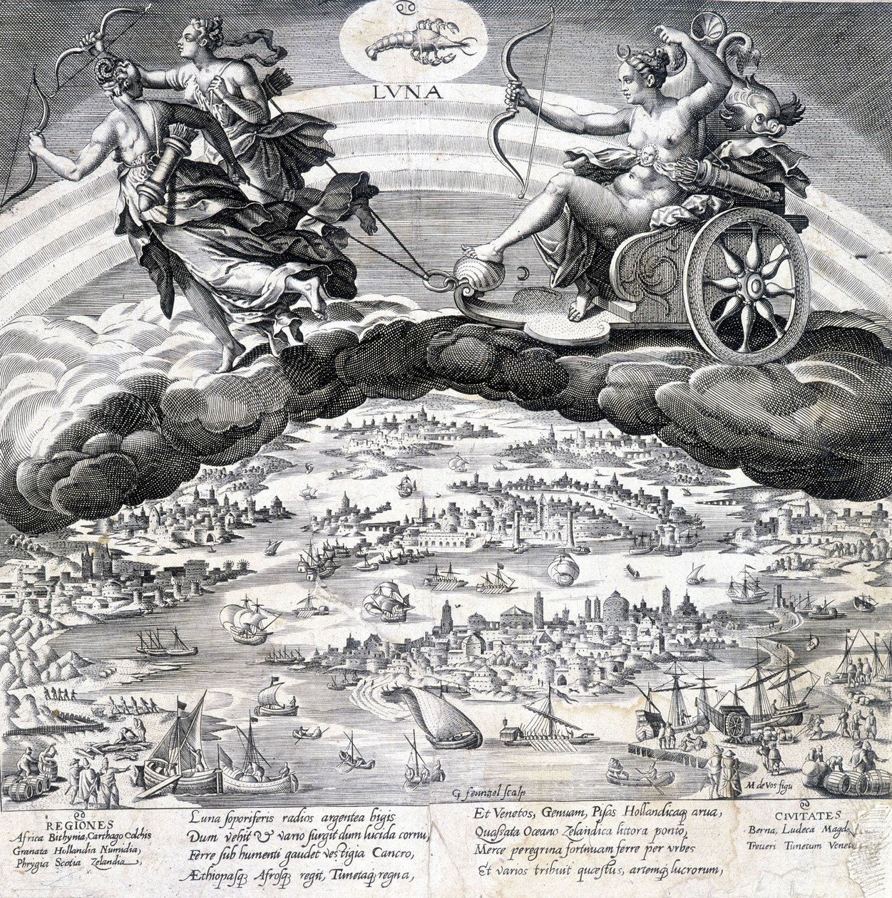 Luna: alegoria da Lua (Diana) e do Escorpião que está sob sua influência (signo do Zodíaco) - gravura de Maaerten de Vos (Martin de Vos, Marten de Vos) (1532-1603), n.d. de Maarten de Vos