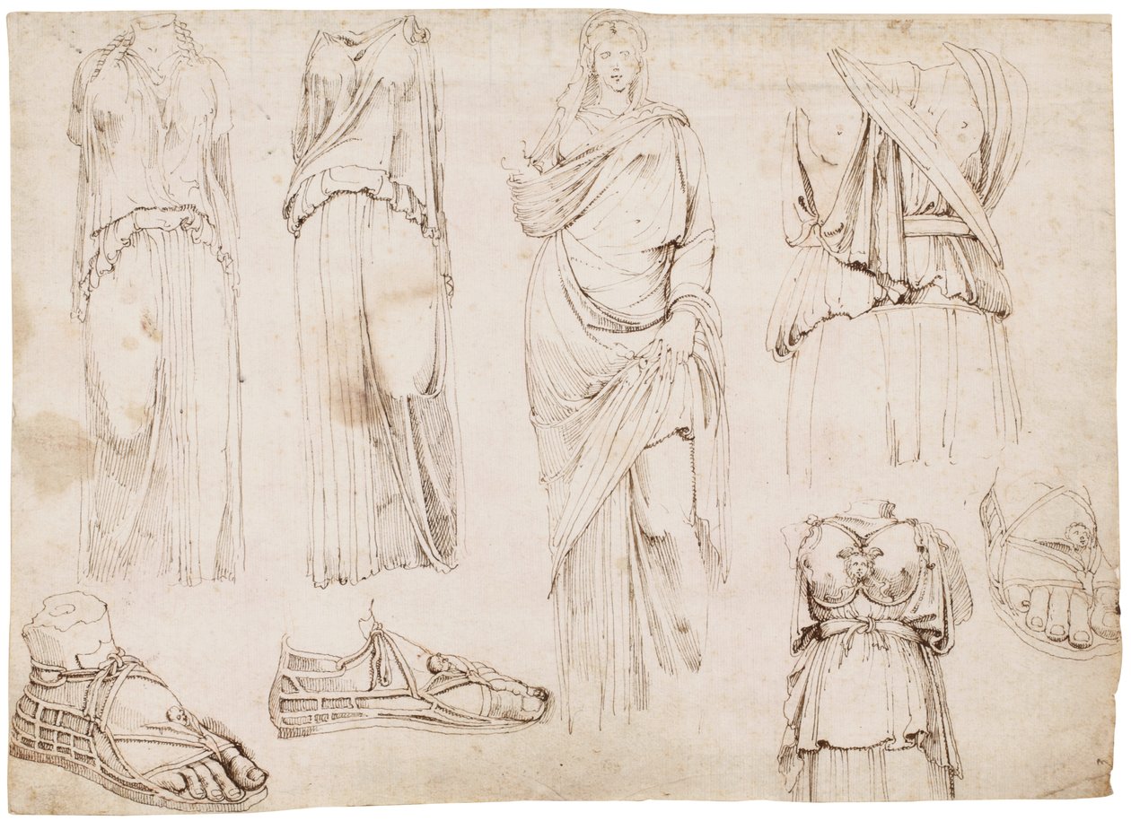 Figuras femininas e sandálias, c.1498-1574 (giz vermelho, caneta e tinta castanha) de Maarten van Heemskerck (circle of)