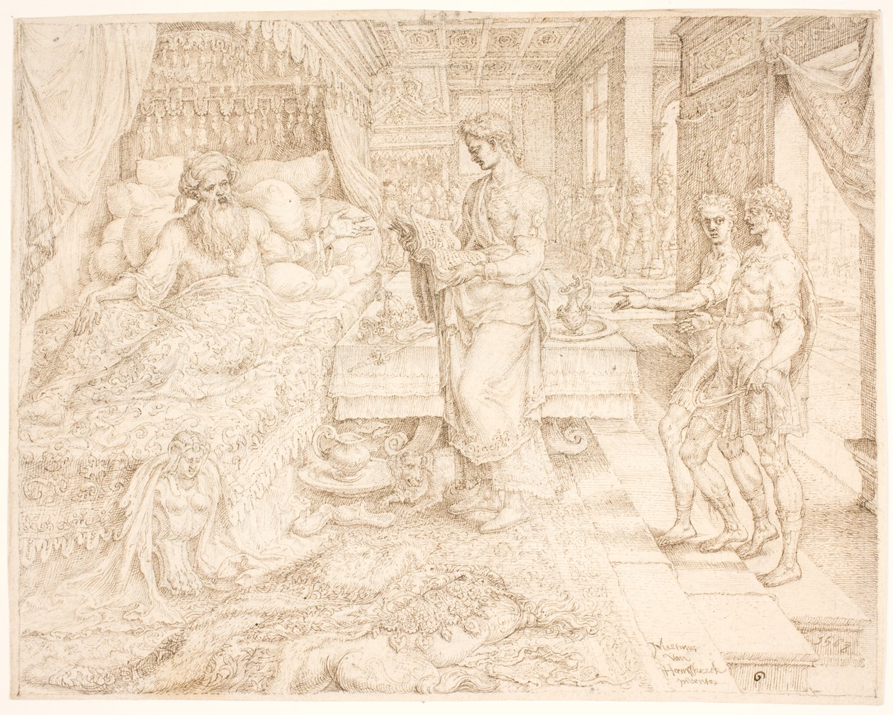Assuero, quando não conseguia dormir, consultando os Registros de Maarten van Heemskerck