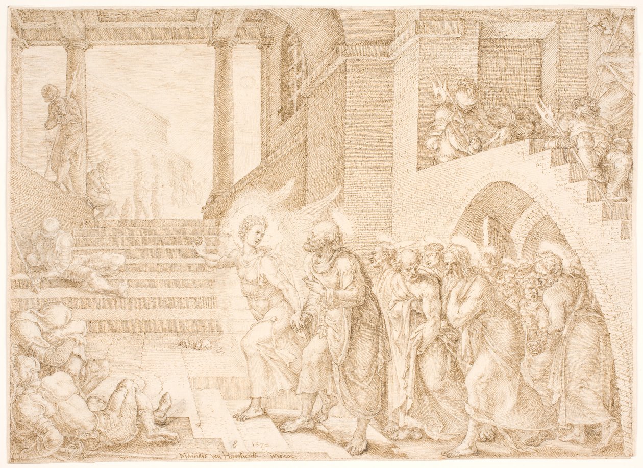 Os apóstolos são libertados da prisão por um anjo de Maarten van Heemskerck